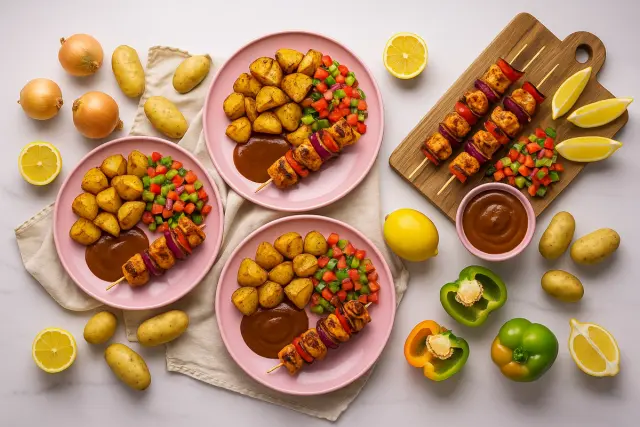 Kuřecí špízy s pečenými bramborami, satay omáčkou a zeleninovou salsou