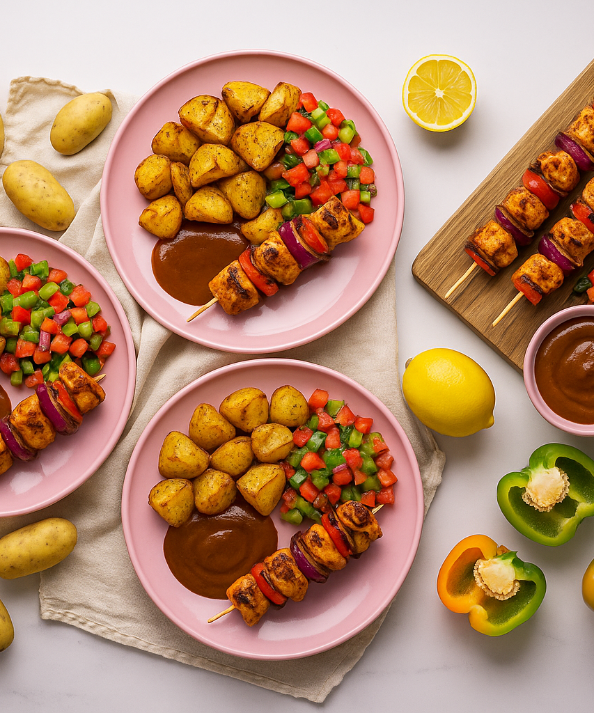Kuřecí špízy s pečenými bramborami, satay omáčkou a zeleninovou salsou