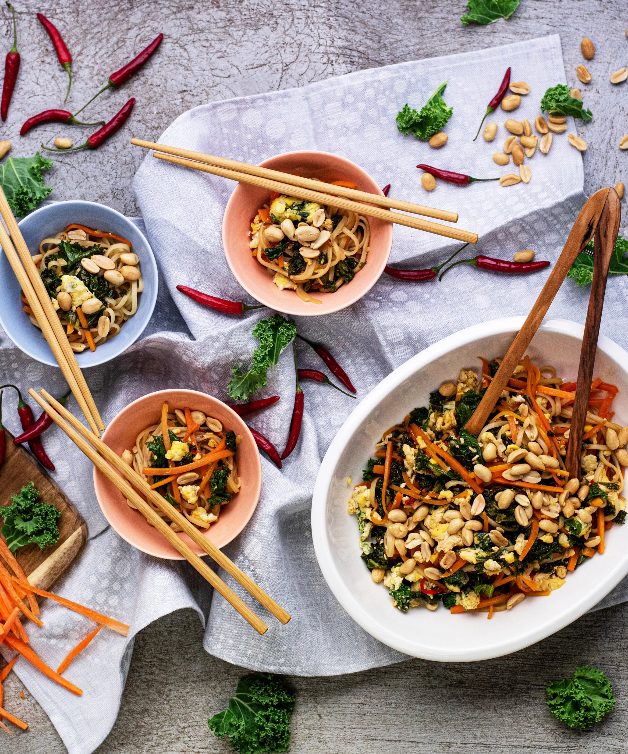 Vegetarian Pad Thai with Egg, Pak Choi and Peanuts