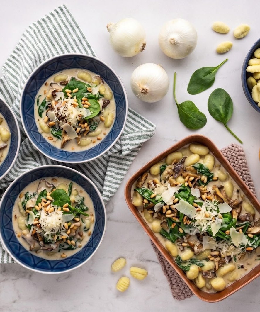 Gnocchi v parmezánovej omáčke so špenátom, zmesou sušených húb a píniovými orieškami