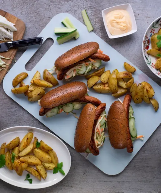 Hot Dogs with Roasted Potatoes, Cabbage Salad and Smoked Mayo
