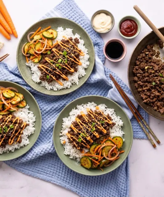 Korean Bowl with BBQ Plant-Based Mince, Spicy Cucumber Salad and Gochujang Mayo