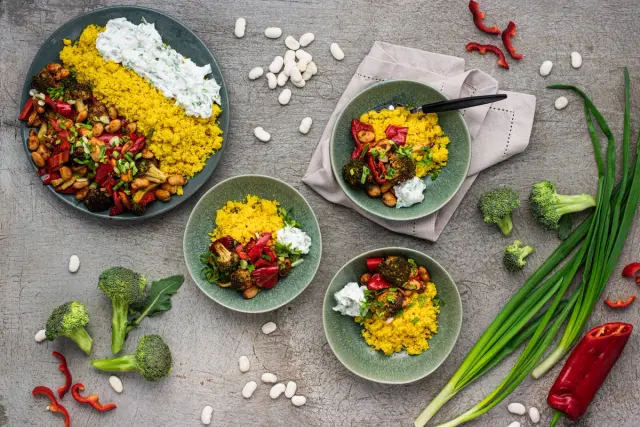 Oriental Roasted Vegetables with Harissa, Couscous, and a Spring Onion Dip
