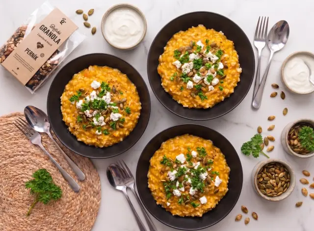 Pumpkin Risotto with Seeds, Goat Cheese and Parsley & Gingerbread Granola with Yogurt