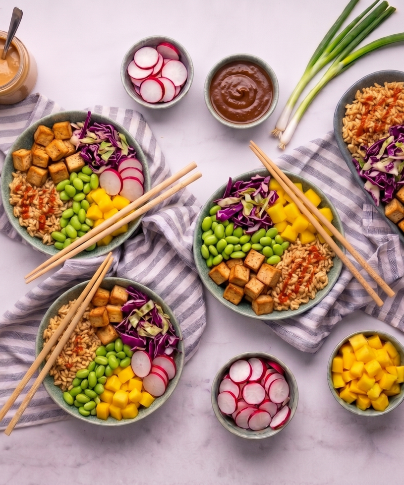 Buddha miska s chrumkavou ryžou, mangom, edamame a arašidovým dipom
