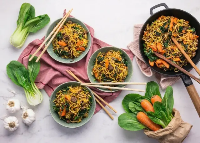 Beef Teriyaki with Egg Noodles and Stir-Fried Vegetables
