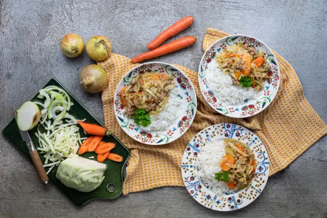 Creamy Pork Mixture with Cabbage, Carrots, and Jasmine Rice