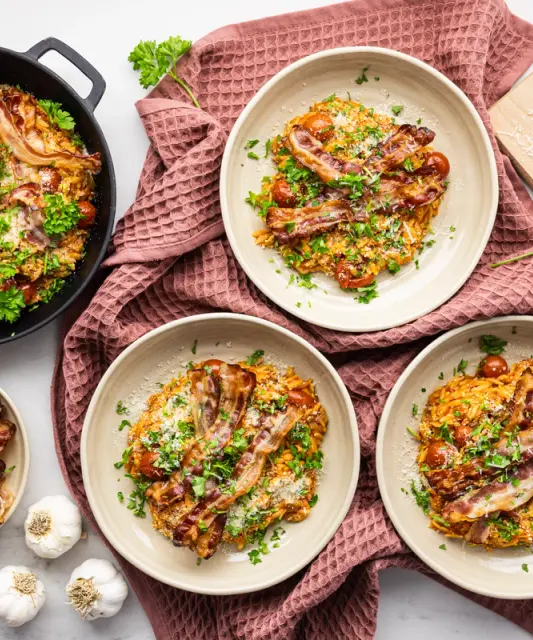 Tasty Orzotto with Crispy Bacon & Parmesan Cheese