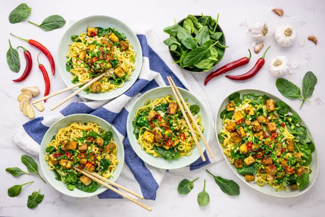 Teriyaki Tofu with Egg Noodles and Spinach