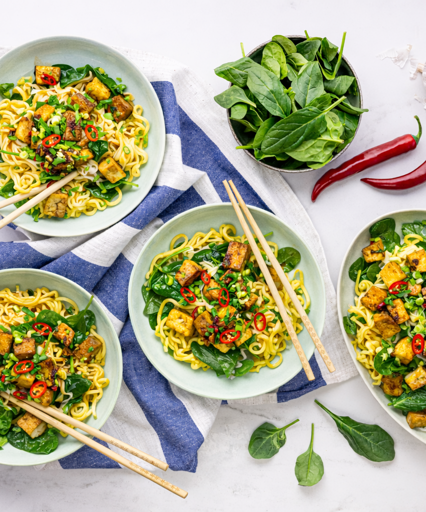 Teriyaki Tofu with Egg Noodles and Spinach