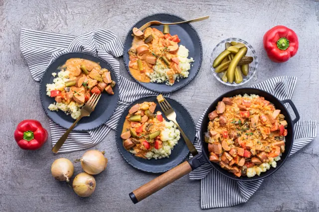 Creamy Ragout with Paprika Sausage, Pickles and Mashed Potatoes