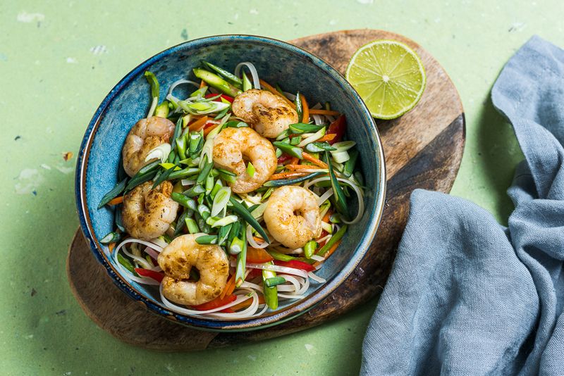 Rice Noodle Salad with Prawns, Green Asparagus & Green Onion