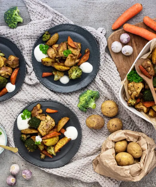 One-Pan Roasted Chicken, Vegetables & Dip Sauce