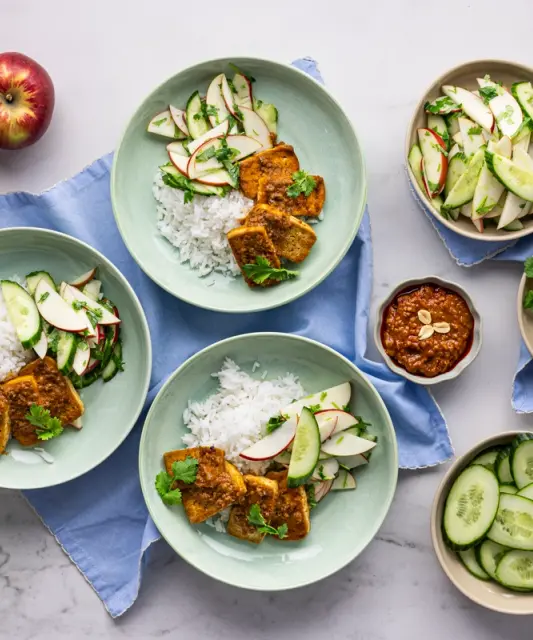 Satay kastmes tofu õuna–kurgisalati ja riisiga