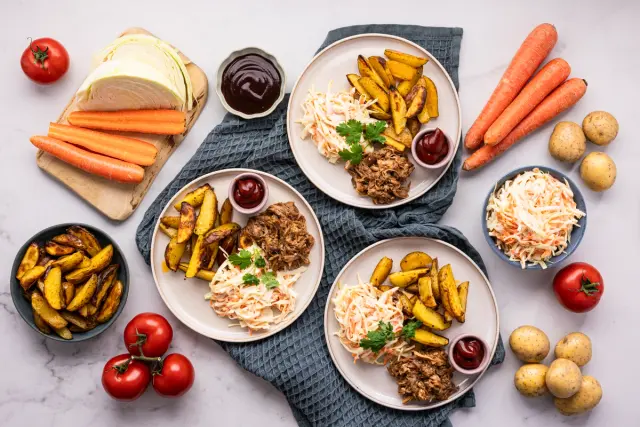 BBQ Pulled Pork with Roasted Potatoes and Coleslaw