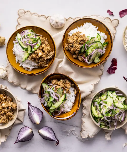 Caramelized Pulled Chicken with Rosemary, Rice, and Cucumber Salad