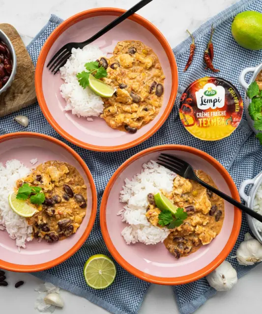 Maukas kanapata Arla Lempi tex mex creme fraichella & riisiä