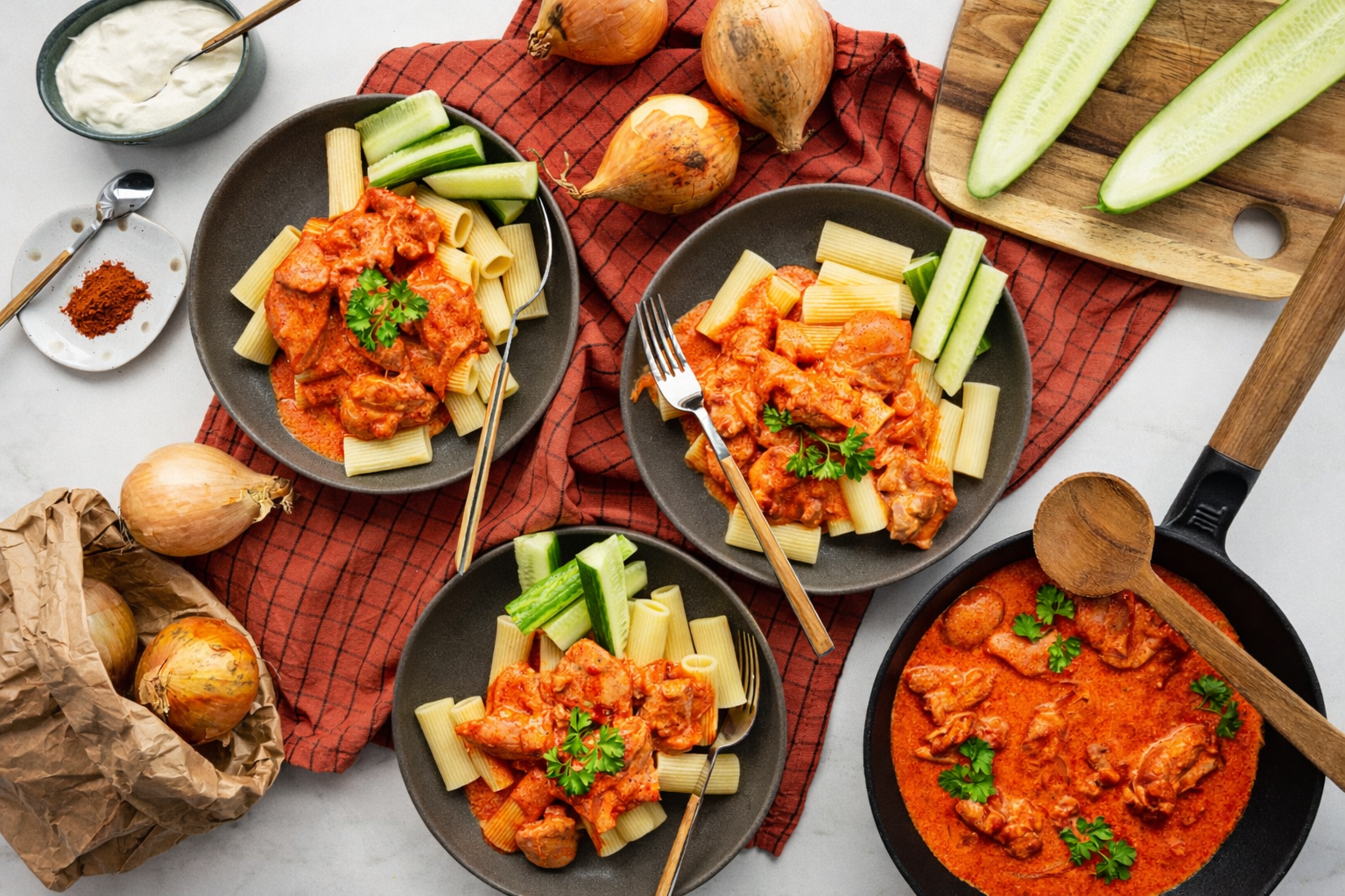 Tšekkiläinen paprikakana, pastaa & kurkkutikkuja