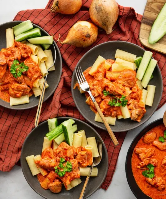 Czech Chicken Paprikash with Pasta & Cucumber Sticks