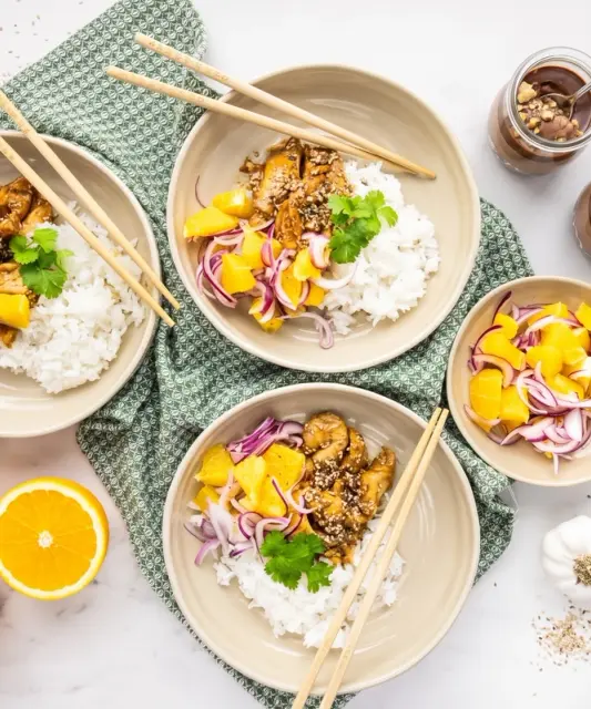 Teriyaki Chicken with Rice and Orange Salad & Hazelnut Praline Dessert