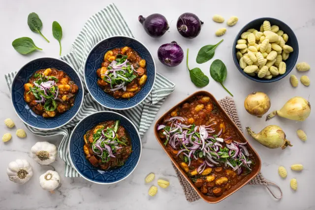 Baked Gnocchi with Herb Tomato Sauce, Spinach and Chorizo