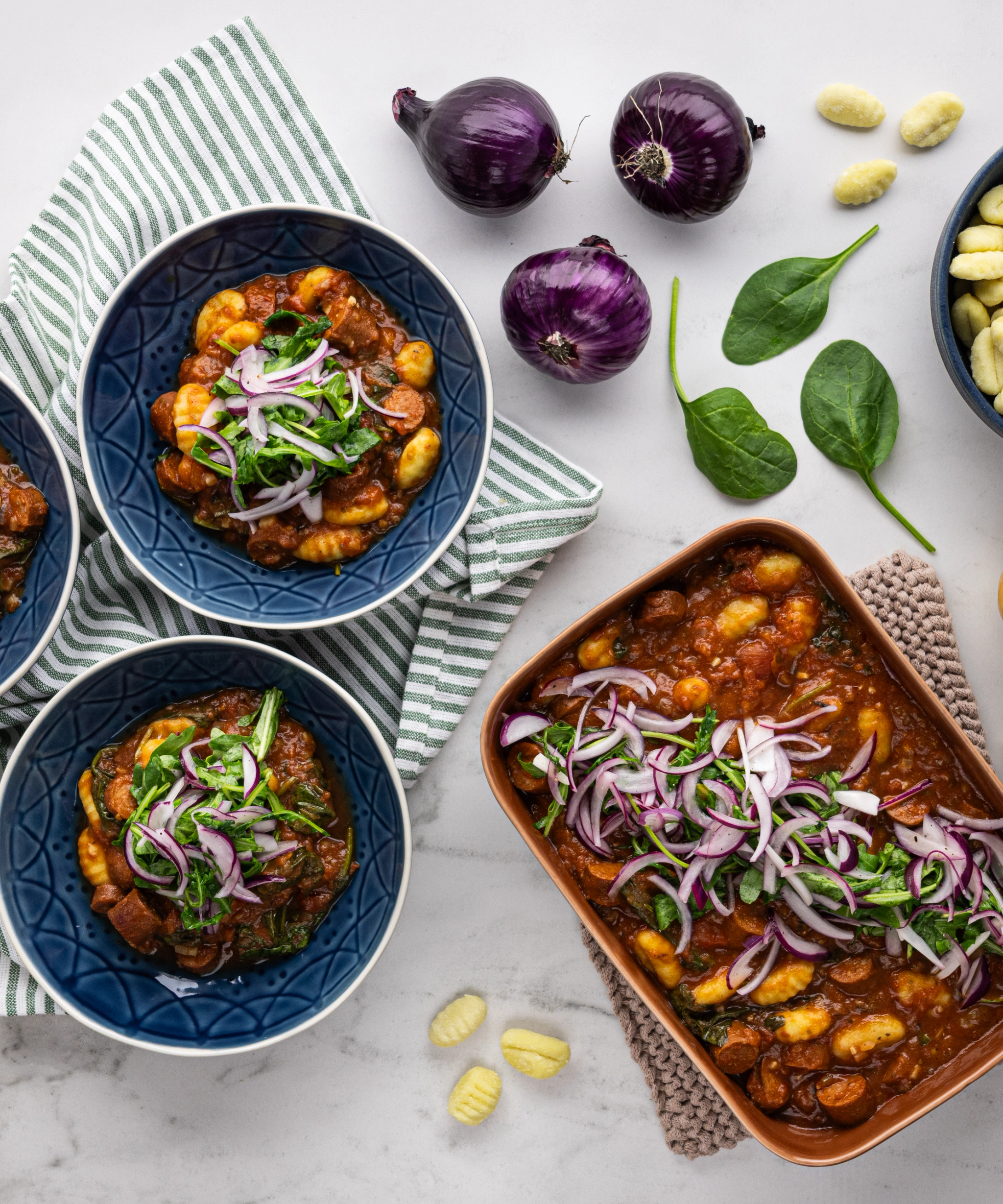 Baked Gnocchi with Herb Tomato Sauce, Spinach and Chorizo