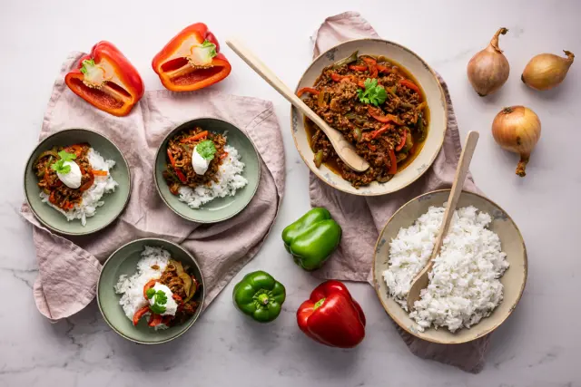Meksikolainen “Beef fajitas” riisillä & creme fraichea