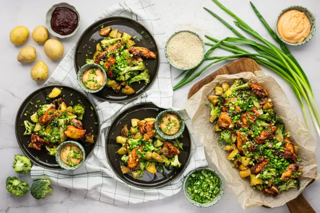 Chili Chicken with Sesame Potatoes, Broccoli, and a Mayo