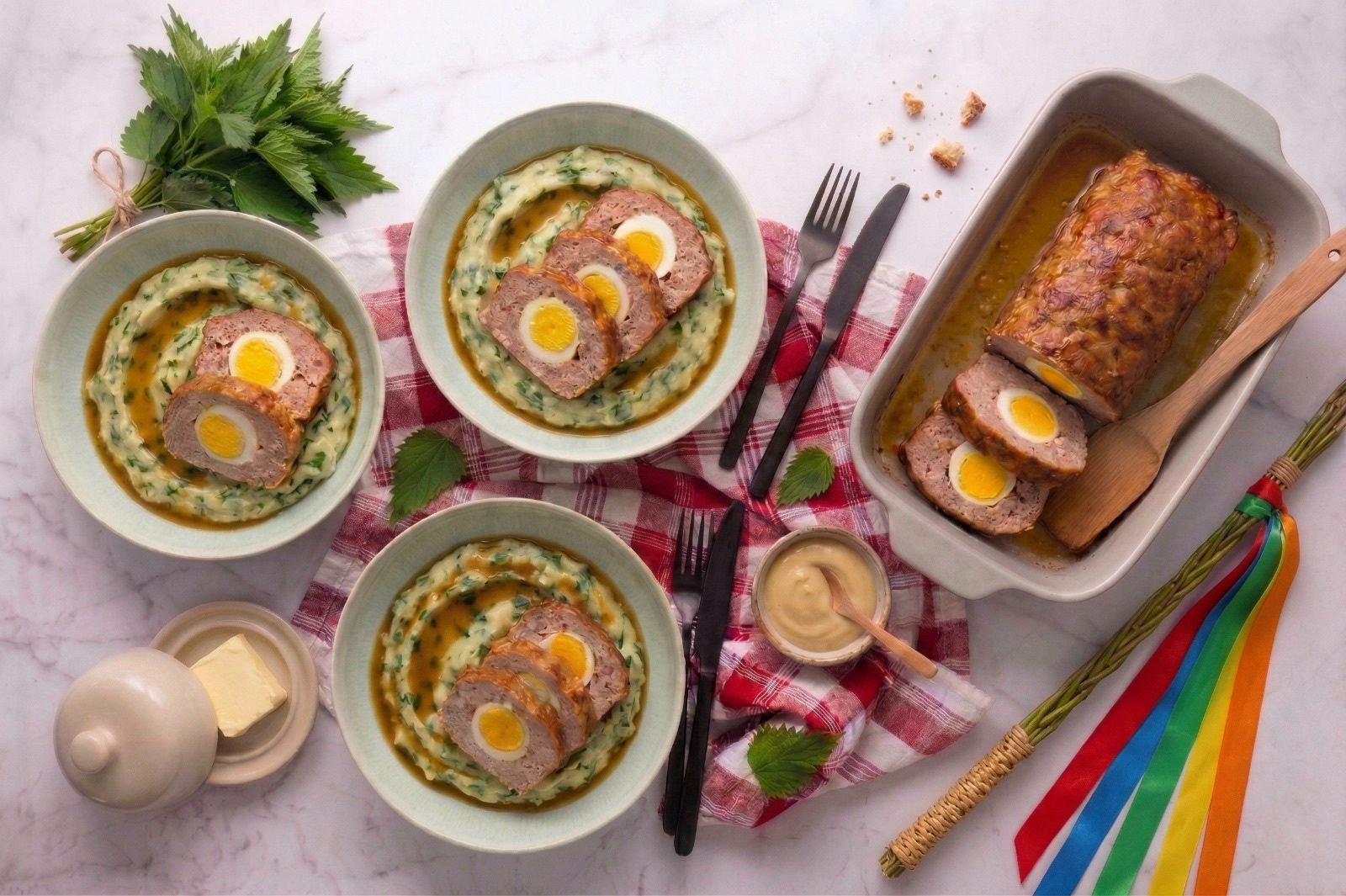 Easter Chicken Meatloaf with Eggs and Wild Garlic Mash