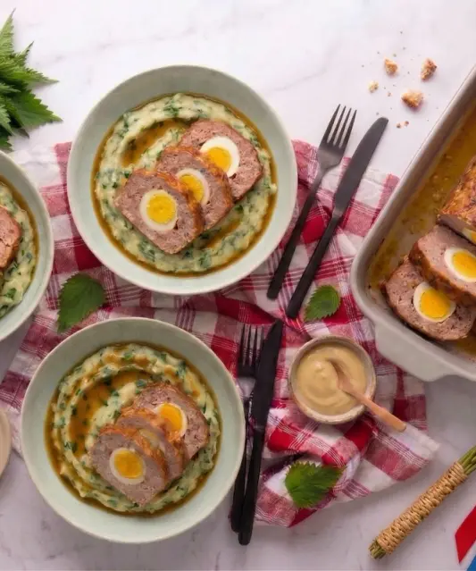 Easter Chicken Meatloaf with Eggs and Wild Garlic Mash