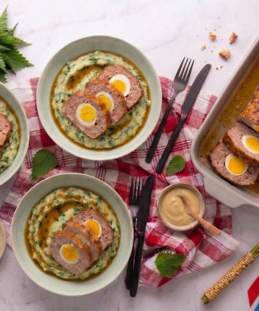 Easter Chicken Meatloaf with Eggs and Wild Garlic Mash