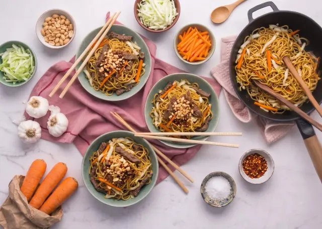 Fusion nudle s hovězími nudličkami, korejskou BBQ omáčkou a zelím