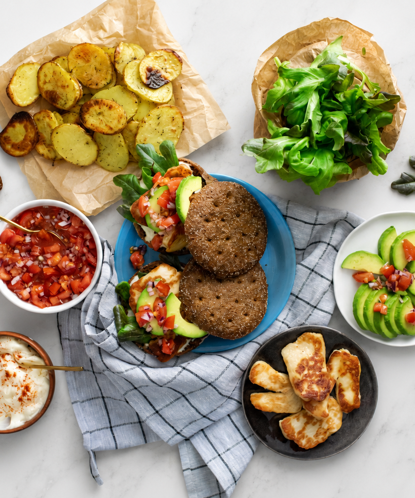 Halloumijuustoburgerit salsalla & avokadolla