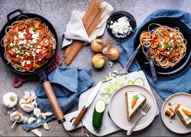 Mediterranean Pasta with Tomato Sauce, Zucchini, and Balkan Cheese & Carrot Cake