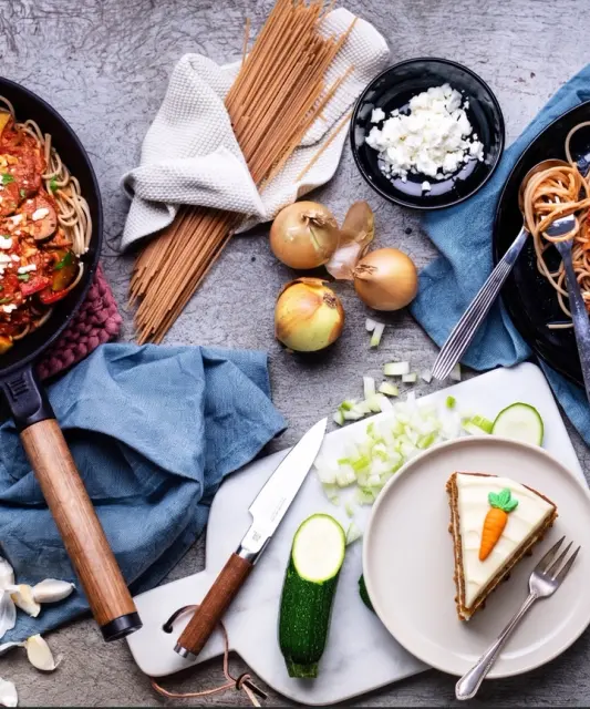 Mediterranean Pasta with Tomato Sauce, Zucchini, and Balkan Cheese & Carrot Cake