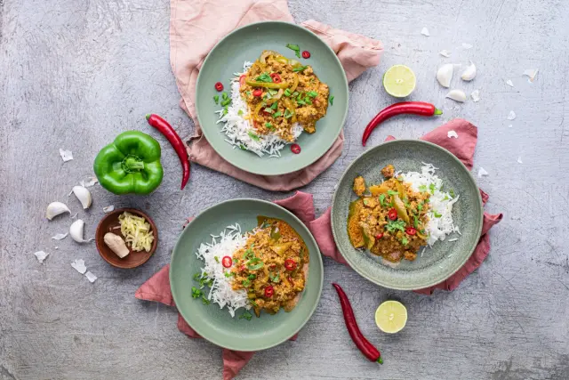 Mildly Spiced Beef Korma with Coconut Milk, Vegetables and Rice