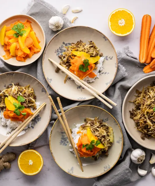 Asian-Style Ground Meat Bowl, Rice & Orange Salad