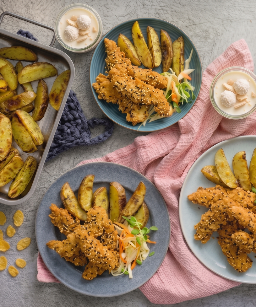 Kuřecí stripsy v cornflakes a sezamu s bramborami a sweet chilli dipem & Rafaello dezert ve skleničce