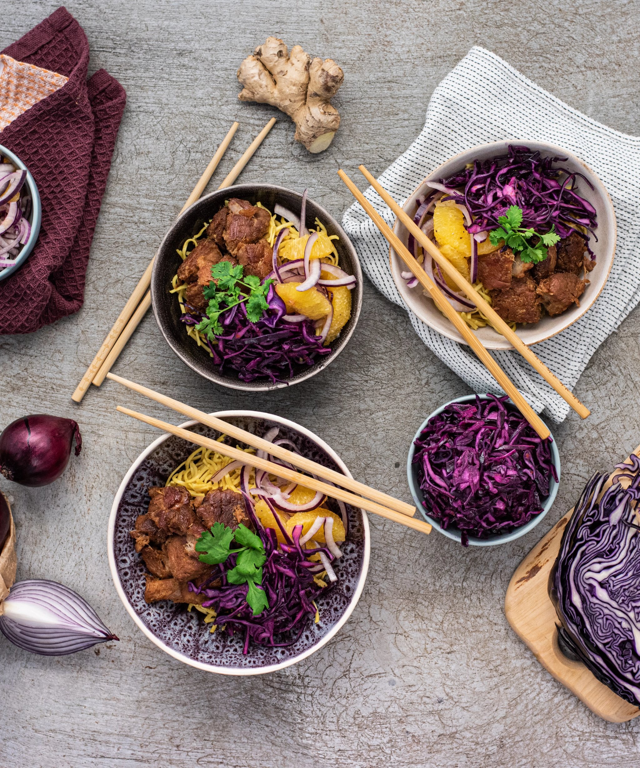 Pulled Pork Bowl with Noodles and Refreshing Orange Salad