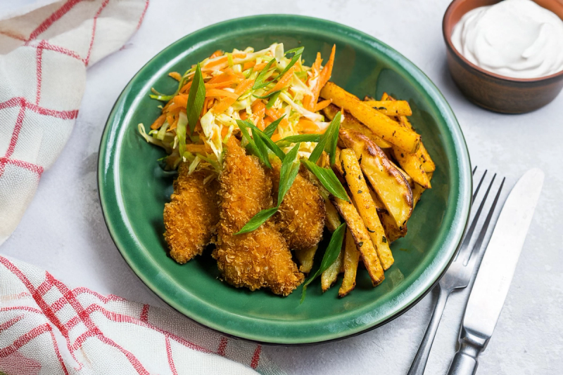 Chrispy Chicken with Oven-Baked Fries, Carrot-Cabbage Salad and Garlic Dipping Sauce