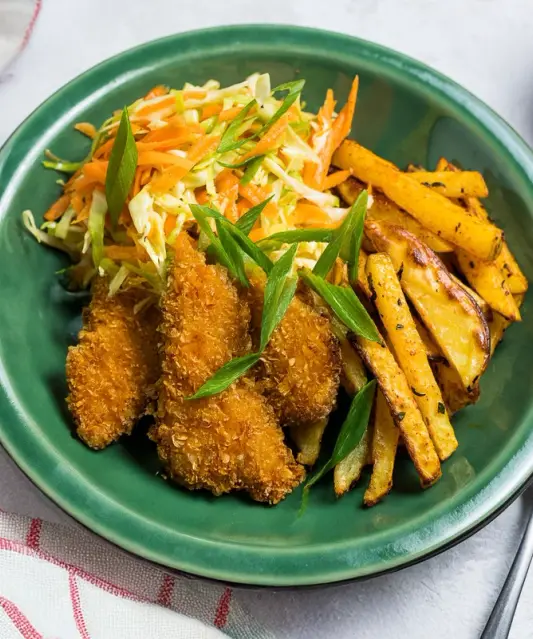 Chrispy Chicken with Oven-Baked Fries, Carrot-Cabbage Salad and Garlic Dipping Sauce