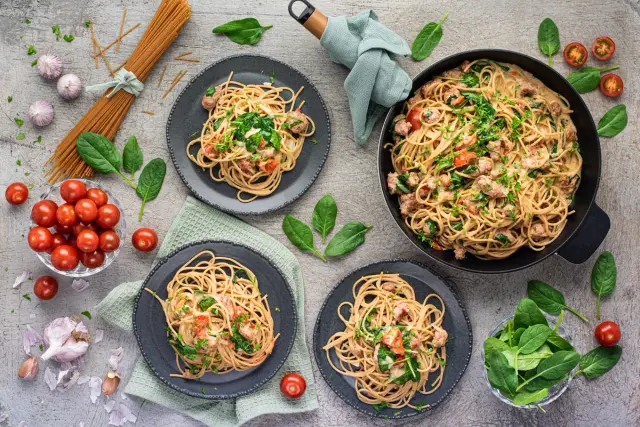 Parmesan Pasta with Sausage, Spinach and Cherry Tomatoes