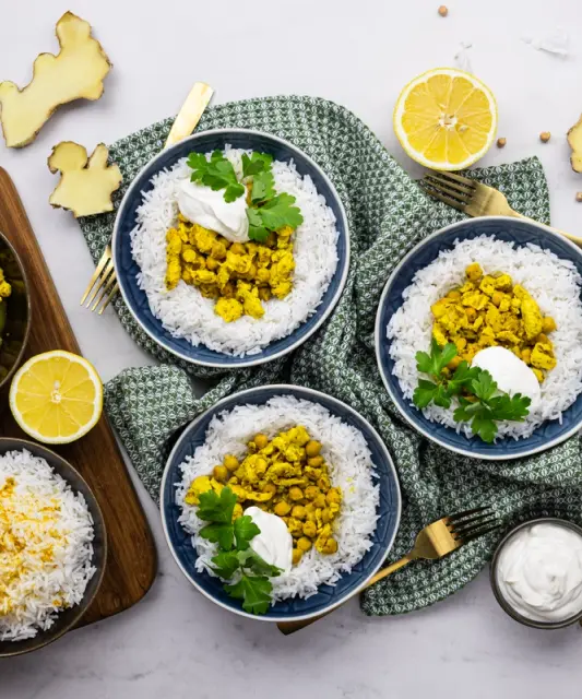 Chicken Shawarma with Chickpeas, Yogurt and Basmati Rice