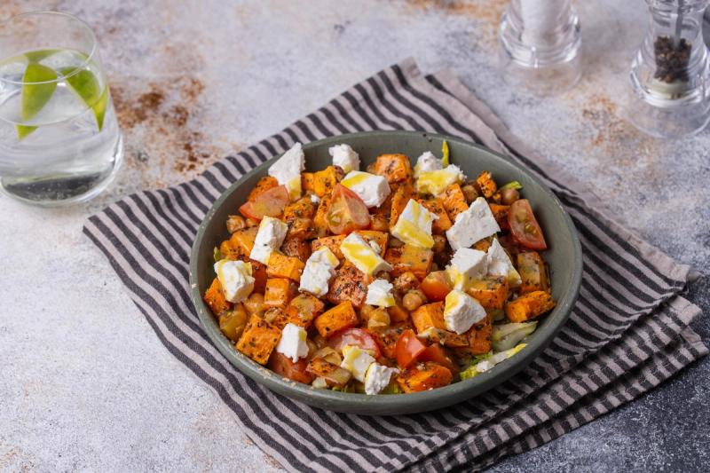 Sweet Potato-Chickpea Salad with Goat Cheese & Mustard-Lemon Dressing