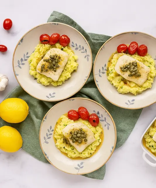 Cod Fish with Lemon Caper Sauce with Mashed Potatoes