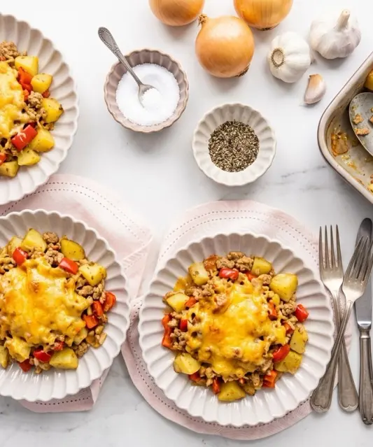 Baked Potatoes with Spiced Turkey and Cheese Sauce