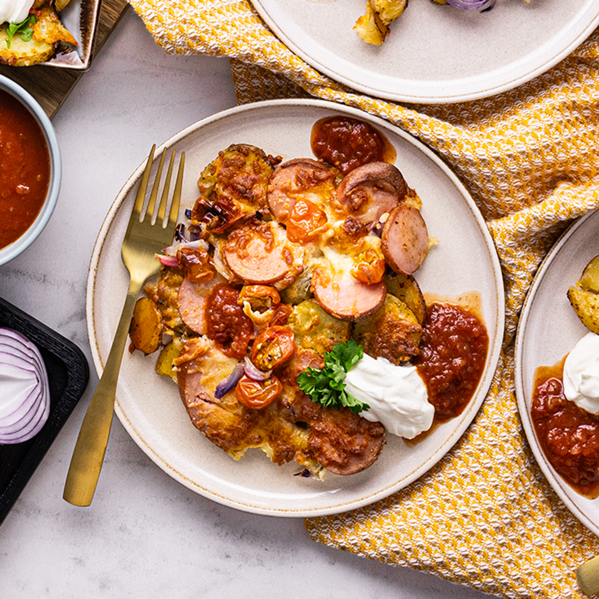 Tex-Mex Baked Potatoes with Sausage, Salsa, and Sour Cream | Yummy