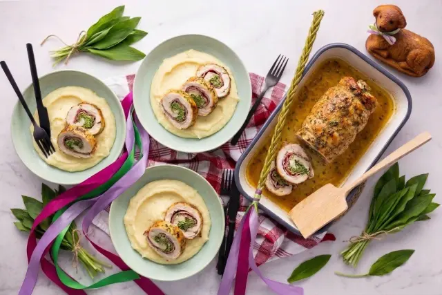 Easter Chicken Roulade with Wild Garlic, Cured Ham and Mashed Potatoes