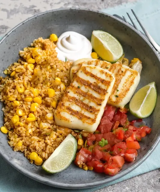 Honey Lime Halloumi with Corn Rice and Yogurth