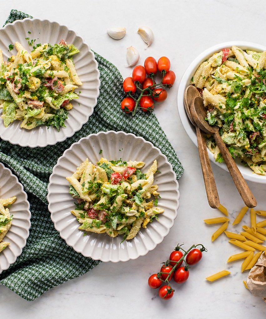 Raikas pastasalaatti kanalla & parmesankastikkeella